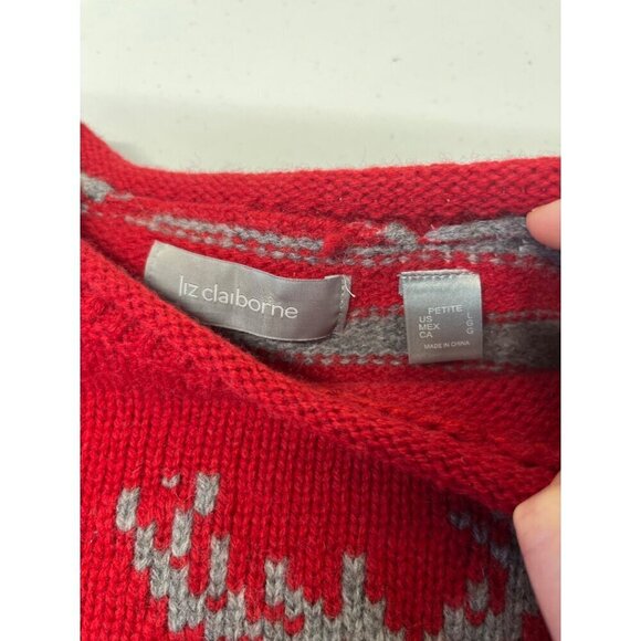 VTG Womens Large Petite 100% Lambs Wool Sweater Pullover Moose Elk Red Striped - Picture 7 of 8